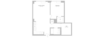 A floor plan of a small apartment with a living/dining area, bedroom, den, and a workspace.