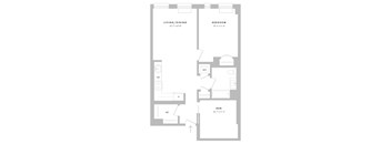 A floor plan of an apartment with a living/dining area, bedroom, den, and a workspace.