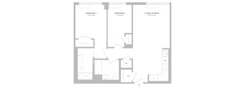 A floor plan of a small apartment with two bedrooms and a living/dining area.