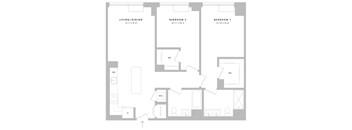 A floor plan of a home with three bedrooms and a living/dining area.