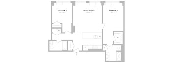 A floor plan of a two bedroom apartment with a living room and a kitchen.
