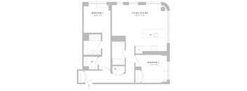 A floor plan of a two bedroom apartment with a living and dining area.