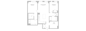 A floor plan of an apartment with three bedrooms, a living/dining area, a den, and a WC.