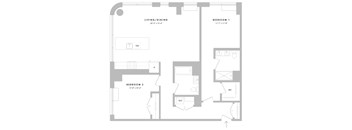 A floor plan of a small apartment with three bedrooms and a living/dining area.