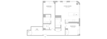 A floor plan of a small apartment with two bedrooms and a den.
