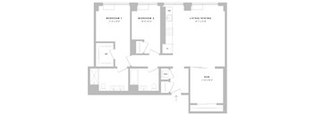 A floor plan of a small apartment with two bedrooms and a den.