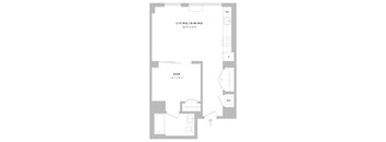 A floor plan of a living and dining area with dimensions.