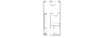 A floor plan of a small apartment with a living/dining area and a sleep alcove.