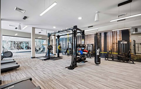 A gym with a variety of equipment including treadmills, weights, and exercise machines.