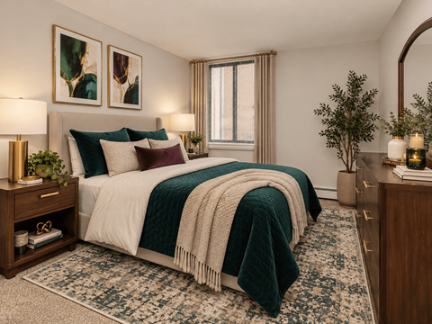 A bedroom with a large bed and a mirror on the wall.