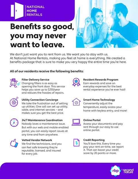 A poster advertising the benefits of National Home Rentals, including a filter delivery service, utility connection concierge, 24/7 maintenance coordination, vetted vendor network, smart home technology, online portal, and credit reporting