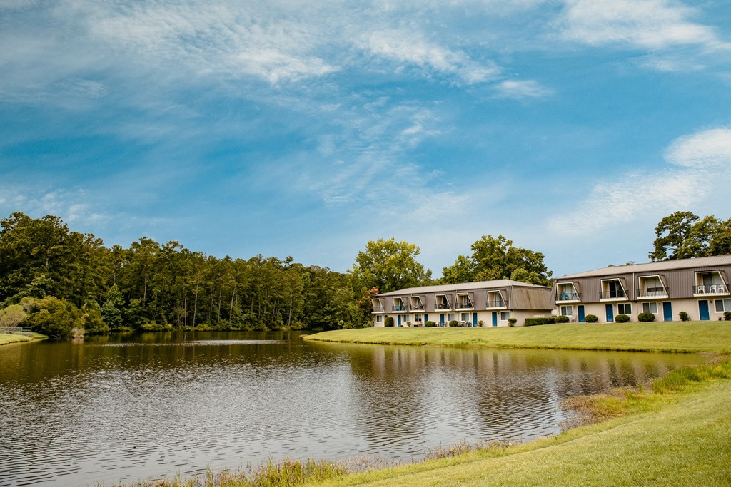 a lake next to a row of apartment buildings with a blue sky in the background