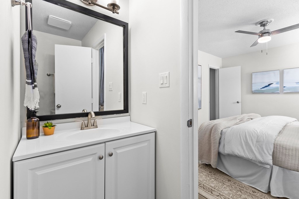 A bathroom with a white sink and a large mirror at West Oak Apartments, North Carolina