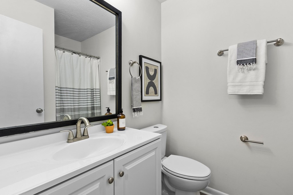 A bathroom with a toilet, sink, and towel rack at West Oak Apartments, Wake Forest, NC