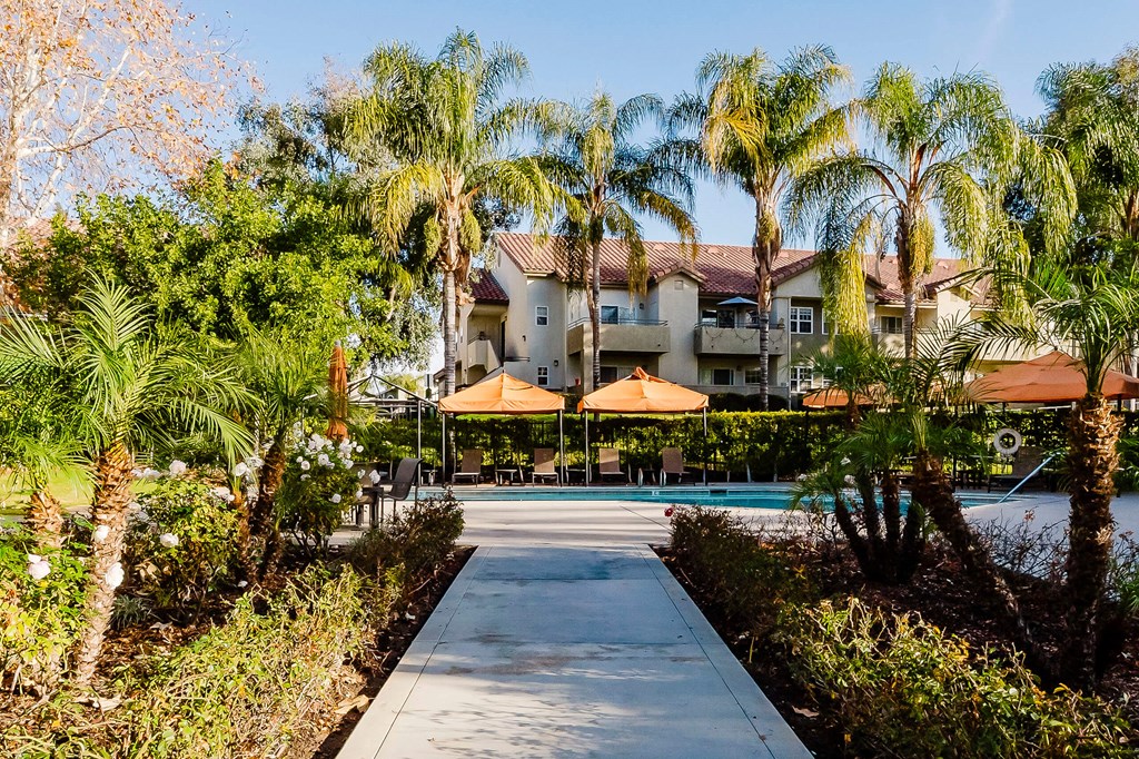 A pathway leads to a building surrounded by palm trees. at Legends at Rancho Belago, Moreno Valley, CA, 92553