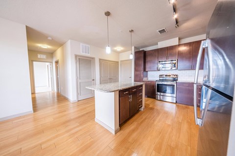 a kitchen with wood flooring and stainless steel appliances at Azul Baldwin Park, Orlando, FL, 32814