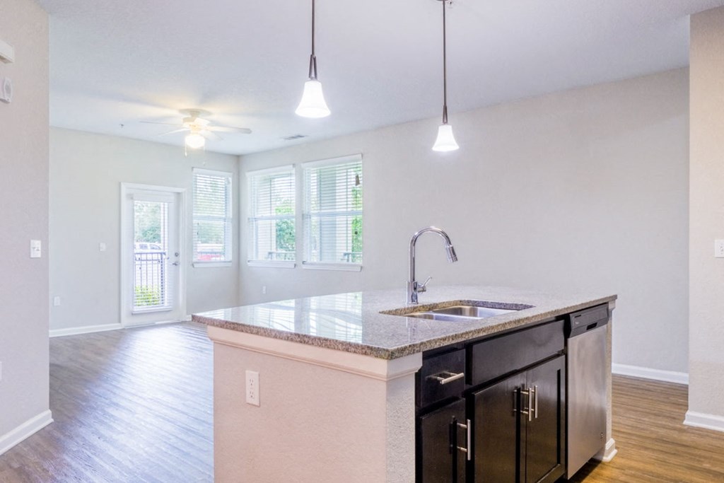 an empty kitchen with a counter top and a sink at Linden on the GreeneWay, Orlando