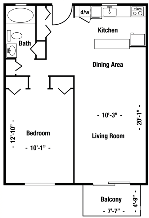 A floor plan of a small apartment with a kitchen, dining area, living room, bedroom, and balcony.