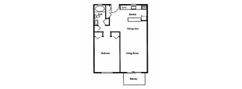 A floor plan of a house with a living room, dining area, kitchen, bathroom, bedroom and balcony.