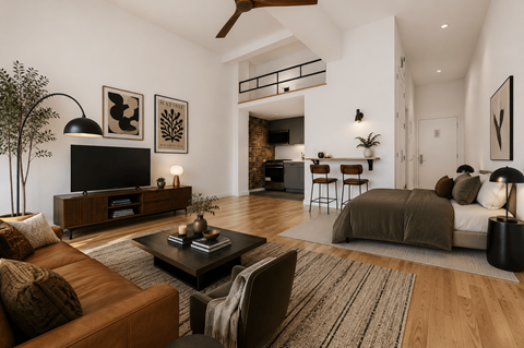 A living room with a brown couch and a television on a wooden stand.