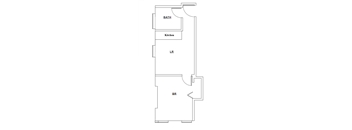 A floor plan of a house with a bath, kitchen and two bedrooms.