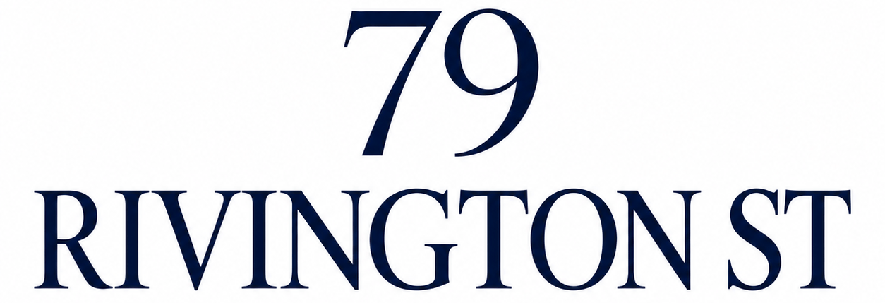 A blue and white sign that says 79 Rivington St.