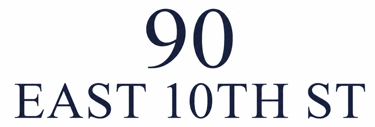 A sign with the number 90 and East 10th Street written below it.