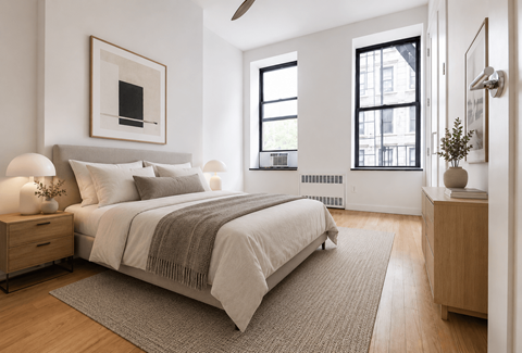 A bedroom with a large bed and a window.