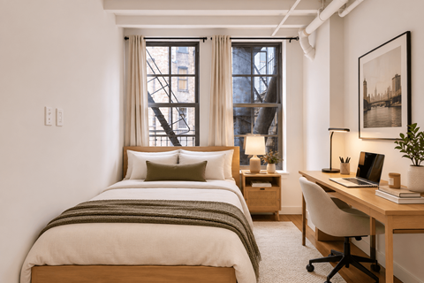 A bedroom with a bed, desk, and chair.