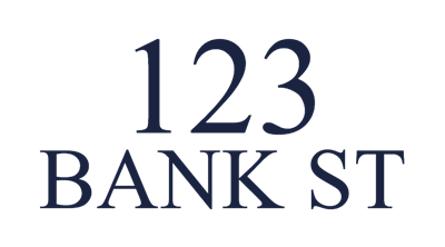 The image displays the text "123 BANK ST" in large, bold letters.
