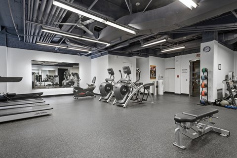 A gym with a variety of exercise equipment including treadmills, rowing machines, and weight machines.