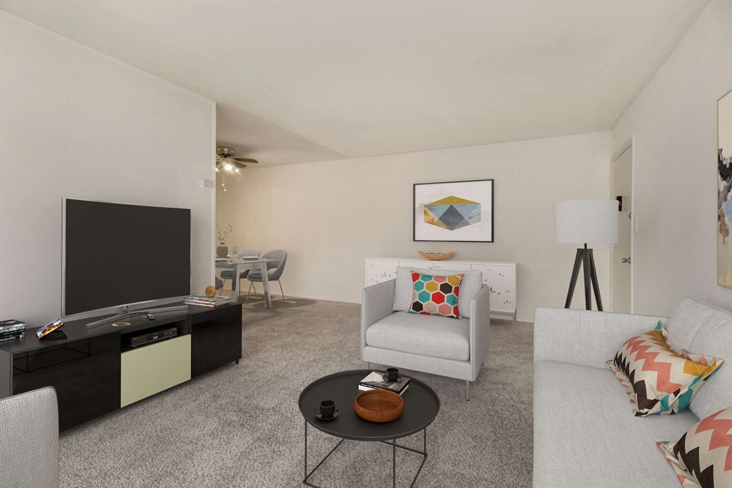 Furnished living room with TV, couch and chair