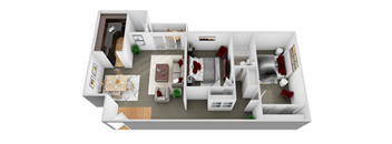 2 Bedroom 1 Bath Long 3D Floor Plan