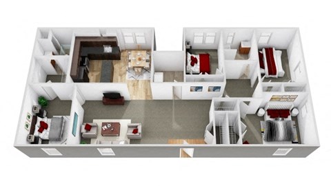 3D floor plan for 4 bed 2 bath apartment