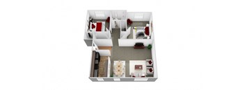 3D floorplan for 2 bed 1 bath apartment - 680 square feet