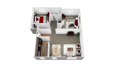 3D floorplan for 2 bed 1 bath apartment - 680 square feet
