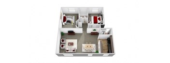 3D floorplan for 2 bed 1 bath apartment