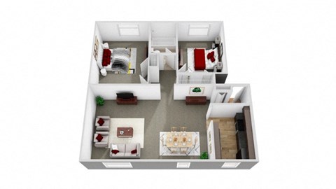 3D floorplan for 2 bed 1 bath apartment