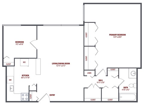 2D floor plan for 1 Bedroom 1 Bathroom + Den apartment at The Summit at Laurel Park
