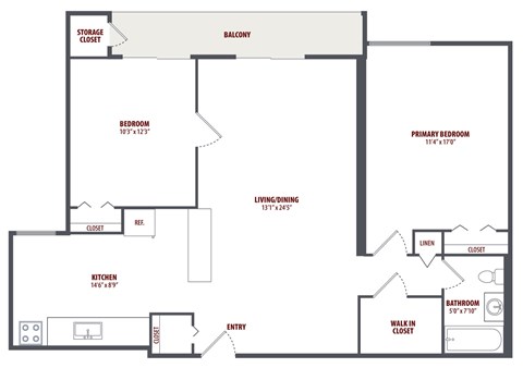 2D floor plan for 2 Bedroom 1 Bathroom apartment at The Summit at Laurel Park