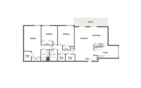 2D floor plan for 3 Bedroom 2 Bathroom apartment at The Summit at Laurel Park