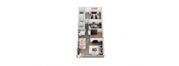 3D floor plan for 1 bed 1 bath unit with den