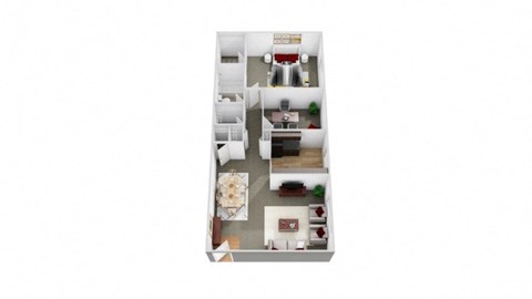 3D floor plan for 1 bed 1 bath unit with den