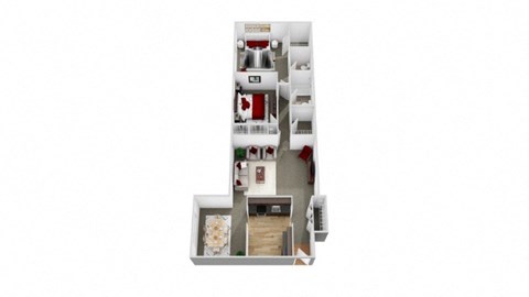 3D floor plan for 2 bed 1.5 bath unit
