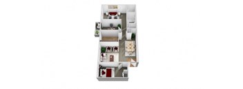 3D floor plan for 2 bed 1 bath unit with den
