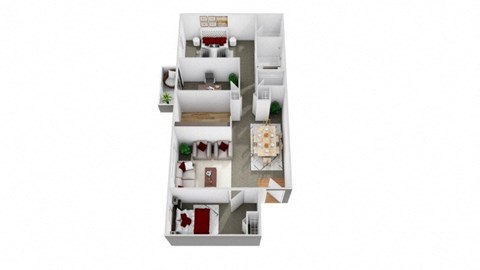 3D floor plan for 2 bed 1 bath unit with den