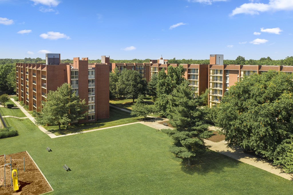 A large grassy area with a playground and apartment buildings in the background.