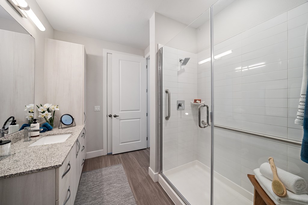 A bathroom with a walk-in shower and large sink vanity. at Mira at Palmer Ranch, Florida, 34238