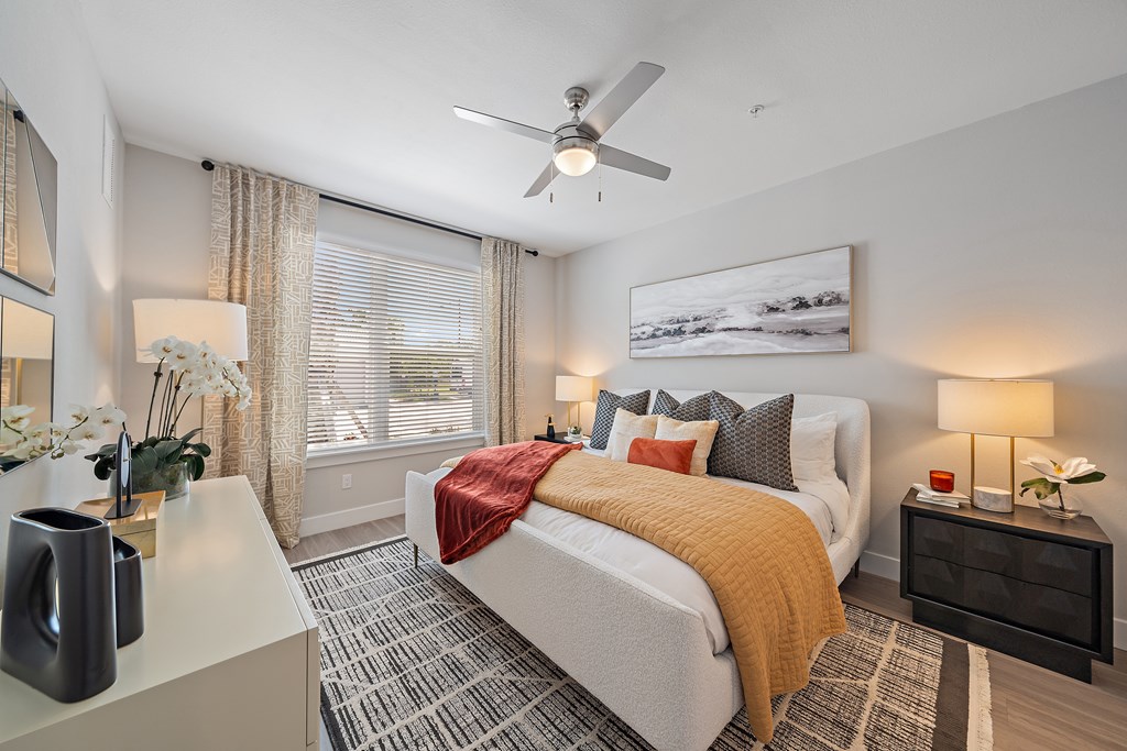 Bedroom With Ceiling Fan at Mira at Palmer Ranch, Florida