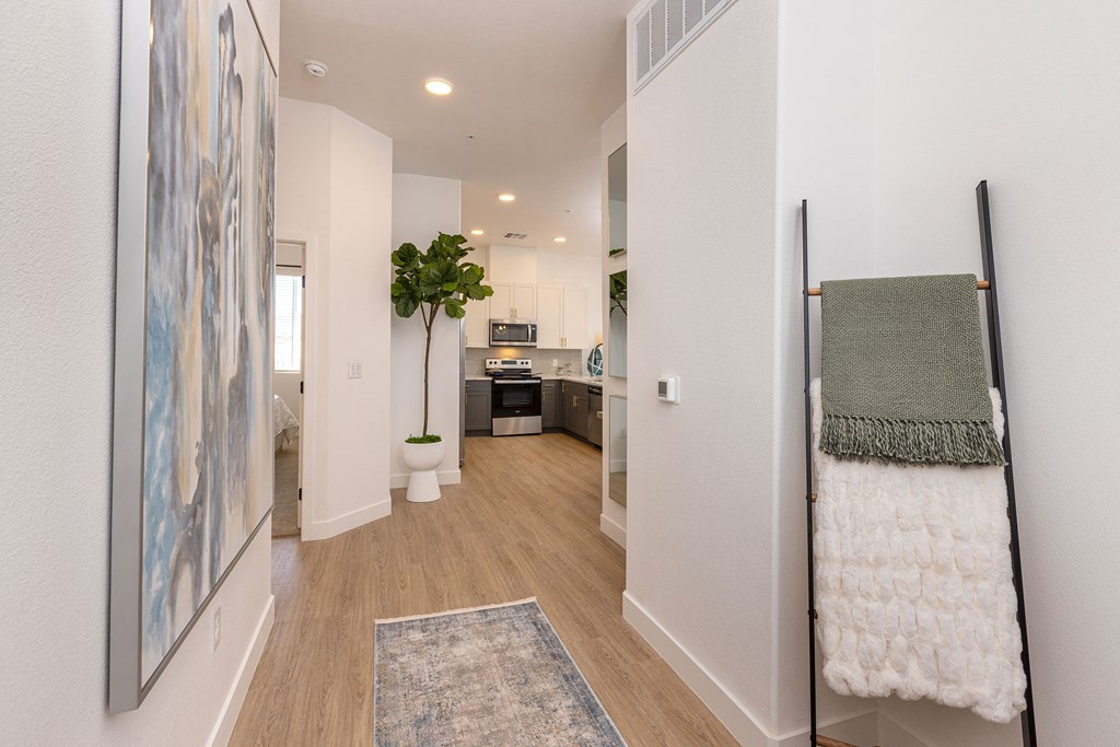 model apartment entry with wood like plank flooring